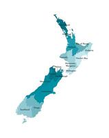 isolated illustration of simplified administrative map of New Zealand. Borders and names of the regions. Colorful blue khaki silhouettes vector