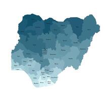 isolated illustration of simplified administrative map of Nigeria. Borders and names of the regions. Colorful blue khaki silhouettes. vector