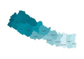 isolated illustration of simplified administrative map of Nepal. Borders and names of the zones. Colorful blue khaki silhouettes. vector