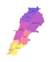 isolated illustration of simplified administrative map of Lebanon. Borders and names of the governorates, regions. Multi colored silhouettes. vector