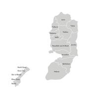 isolated illustration of simplified administrative map of Palestine. Borders and names of the governorates, regions. Grey silhouettes. White outline vector