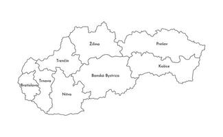 isolated illustration of simplified administrative map of Slovakia. Borders and names of the regions. Black line silhouettes. vector