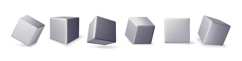 3D set of cube icons with shadow isolated on white. Render square metal boxes collection different projections vector