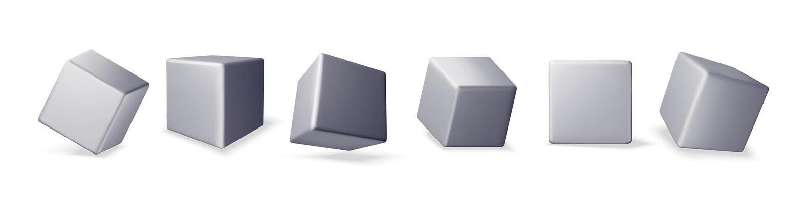 3D set of cube icons with shadow isolated on white. Render square metal boxes collection different projections