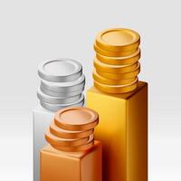 3D stack of coins on metal block podium. Pile of american dollar coin stage render. vector