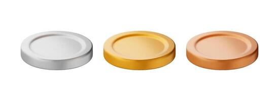 3D metal coin icon set isolated. American dollar coin render in gold, silver and bronze color. vector