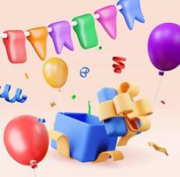 3D open gift box with falling confetti. Render present box surprise. vector