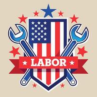 Labor day badge with two crossed wrenes and the american flag vector