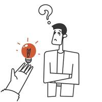 a man is holding an idea bulb and a hand is reaching out to it vector