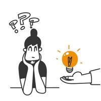 a woman is sitting next to a light bulb with a question mark above it vector
