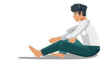 Young businessman in casual clothes sitting on the floor with shadows cast on it. Sit down and think about something. Having some time to yourself in your free time.Isolated white background. vector