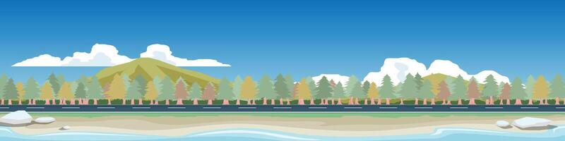 Horizontal view of Asphalt road. Foreground of sea beach. Background of pine trees forest. With mountain under the white clouds and blue sky. vector