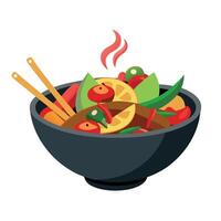 A bowl of food with chopsticks and vegetables vector