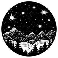 A black and white image of a mountain range with trees and stars vector