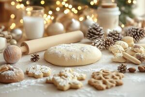 christmas cookies and dough on a table photo