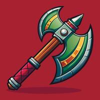 Viking nordic battle axe and skyrim magical battleaxe or hatchet weapon. Ancient medieval weapon or fairytale battle axe GUI item or game asset. Warrior magic ax with leather braided handle vector
