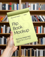 Hand holding a notebook mockup on a library Background psd