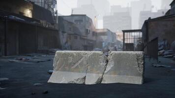 Urban scene with a cracked concrete block in a desolate alleyway at dusk video