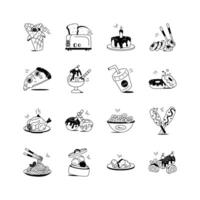 Whimsical icons of various food and beverages, showcasing a playful and inviting style vector