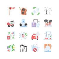This vibrant icon set explores the complex relationship between energy production, pollution, and sustainable practices vector