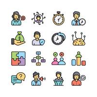 A set of modern icons representing various aspects of business management, including teamwork vector