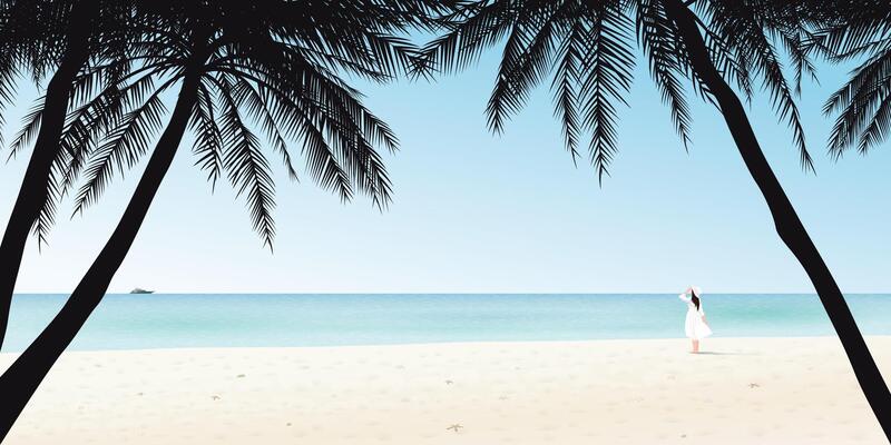 Minimalist seascape with silhouette palm trees and a woman at the beach graphic illustration have blank space.