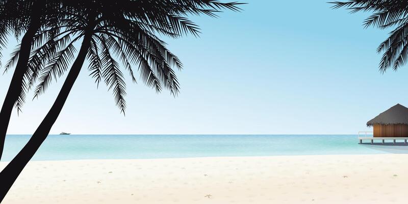 Minimalist seascape with overwater bungalow and silhouette palm trees graphic illustration have blank space.