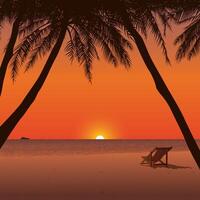 Minimalist sunset seascape with silhouetted palm trees, beach chair and twilight sky square background graphic illustration have blank space. vector