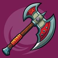 Viking nordic battle axe and skyrim magical battleaxe or hatchet weapon. Ancient medieval weapon or fairytale battle axe GUI item or game asset. Warrior magic ax with leather braided handle vector