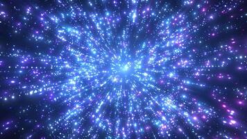 Animation of abstract colored glowing glitter particles. A beautiful explosion of particles or a bright stream of dust and dots. Hyperspace jump through the stars into space. speed of light. loop video