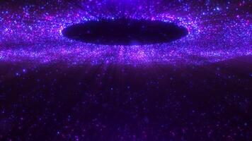 Animation of abstract glowing shiny particles with light rays. Flying bright dots, dust particles on a purple background. seamless loop video