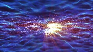 Abstract animation concept of golden particles on blue energy background. 4k bokeh background with light particles. Animation footage with light leakage effect. video