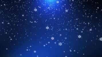 Flying snow on a blue background. 4K motion graphics. snowfall overlay, background - winter, effect of slowly falling snow. Abstract particle background. seamless loop. video