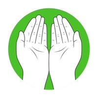 Illustration of two hands in prayer with a green circular background, black line art with white skin tone vector