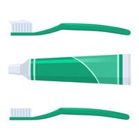 Illustration of a toothbrush with and without toothpaste, along with a toothpaste tube, isolated on a white background. Set design in green vector
