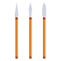 Three spears with differently shaped tips. The spears are standing with wood as the handle, isolated on a white background vector