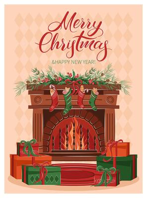 Christmas card with fireplace, boxes with gifts and decorations. Merry Christmas and New Year holiday.
