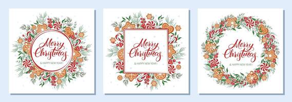 Set cards Merry Christmas and happy new year. Background decorated with different winter plants, cookies and sweets. vector