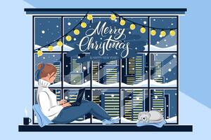 Woman in the sweater and with laptop is sitting at the winter window, the cat is sleeping next to it. Merry Christmas and Happy New Year. vector