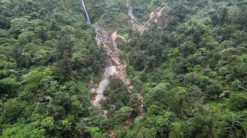Aerial Drone. Cikawah Waterfall in the rainforest of Mount Halimun Salak National Park, Bogor, Indonesia. Beautiful natural scenery surrounded by dense forest and there is also an active crater. video