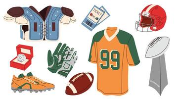Set of equipment elements for playing American football. Uniform, helmet, ball, gloves, boots isolated on white background. vector