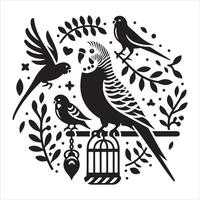 Two birds on a branch with leaves and a black background vector