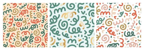 Christmas seamless patterns set with whimsical swirls, squiggles and dots for joyful holiday prints, wrapping paper, wallpaper, textile, decorative backgrounds, etc. EPS 10 vector