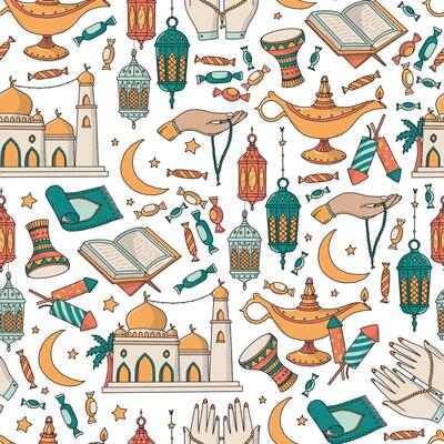 ramadan seamless pattern with doodles, cartoon elements for posters, prints, wallpaper, wrapping paper, textile, packaging, backgrounds, digital paper, scrapbooking, holiday decor, etc. EPS 10
