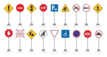 warning traffic signs collection, traffic signs illustrations of various types on metal poles. suitable for poster use and web icons vector