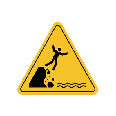 Unstable cliff edge warning sign with person falling inside yellow triangle board. Suitable for poster and web icon use