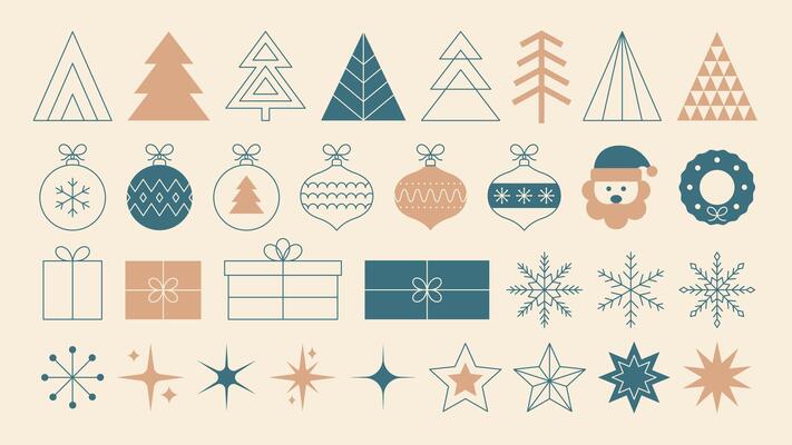 Set of Christmas vintage minimalist elements in linear and flat style. Christmas trees, balls, gifts, snowflakes, stars. illustration