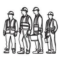 Continuous Line Drawing Construction Workers in Safety Gear for Occupational Safety Concept silhouette on white background vector