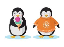 Penguin with ice cream and penguin in a winter sweater. vector