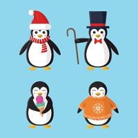 Set of penguin icons on blue background. vector